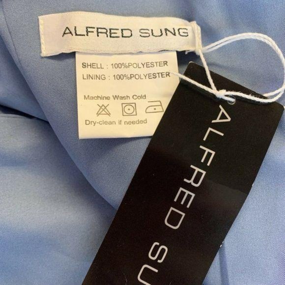 ALFRED SUNG Blue Satin Halter Jewel Neck Gown - Picture 6 of 8